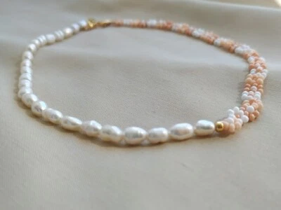 Colar de pérolas brancas, colar feito à mão, colar de contas, presente de joia de flores. - Imagem 1 de 4