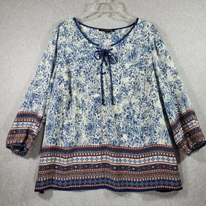 Sharagano Woman Blouse Top Blue White Orange Geometric Lace Up Tie 2X - Picture 1 of 10