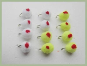 Moscas del huevo, moscas de la trucha, paquete de 12, blancas y chartreuse. Trucha o salmón mancha roja #10 - Imagen 1 de 3