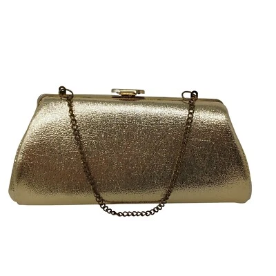 Gold Tone Clutch Purse With Chain Strap & Kiss Lock Vintage #D4 - Image 1 of 4
