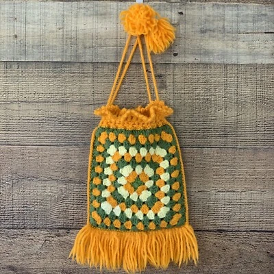 Vintage 1970’s Crochet Drawstring Purse Pom Pom Fringe Lined Boho - Image 1 of 4