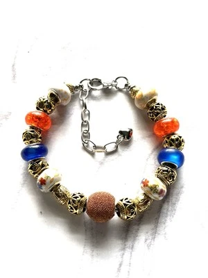 Pulseira Berloque Estilo Europeu Laranja e Azul Compatível com Tamanhos de Pulso 7,5-8,5" - Imagem 1 de 4