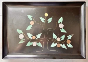 Vintage Couroc of Monterey Tray Inlaid Tree w/ Foreign Coins Leaves 10.75"x15.5" - Picture 1 of 9