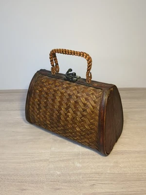 Bolso de Mano Vintage Tejido Madera Bambú Pequeño Monedero Boho Bisagras  Foto 1 de 4