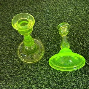 Uranium Candlestick Holders Vintage Glows Set of 2 Depression Glass - Picture 1 of 14