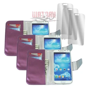 3X WALLET CASE COVER+SCREEN PROTECTOR FLIP PU LEATHER PURPLE GALAXY SIV S4 I9500 - Photo 1 sur 2
