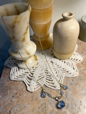 Collier ancien perles cristal bleu aigue marine plaqué or style Art Déco - 47 cm - Photo 1/4