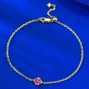 0.16ct Lab Grown Ruby Four-Leaf Clover Bracelet, 18K Gold Vermeil Delicate - Picture 1 of 9
