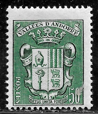 HICK GIRL- MINT FRENCH ANDORRA STAMP   SC#75  1942  COAT OF ARMS    M28 - Image 1 of 2