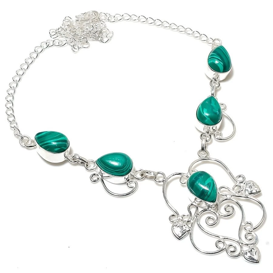 Collar de joyería de plata de ley 925 hecho a mano con piedras preciosas de malaquita verde tamaño 18" Foto 1 de 1