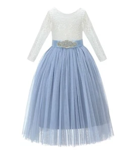 Scalloped V-Back Lace Flower Girl Dress with Sleeves A-Line Dress Birthday Dress - Picture 1 of 11