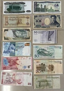 Foreign Currency Mix Lot Japan China UAE Laos Denmark Hong Kong Jamaica Burma - Picture 1 of 3