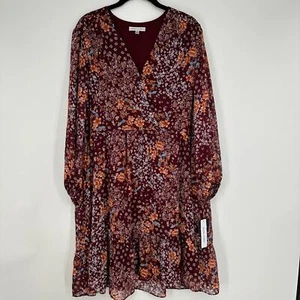 Sandra Darren Wine Floral Long Sleeve Surplice Bust New Dress Womens Plus Sz 16 - Picture 1 of 11