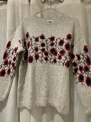 Suéter J. Jill Gris Rojo y Azul Marino Tejido Floral Algodón Abuela Foto 1 de 3
