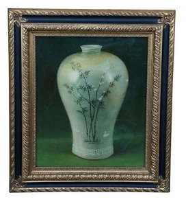 Vaso chinoiserie XX secolo con rami di prugna dipinto olio su tela incorniciato - Foto 1 di 10