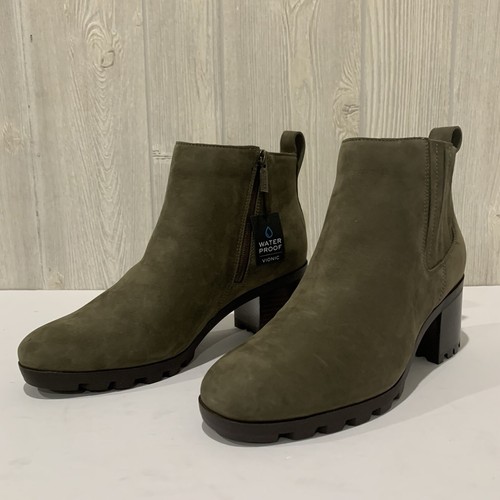 Vionic Wilma leather Heeled Ankle Boots Size 9 olive green NUBUCK ...