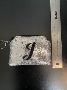 Silver sequin coin purse With J Initial Sparkly Change Credit Cards Wallet - Picture 1 of 3