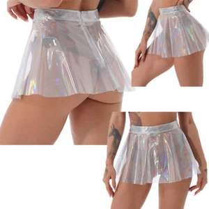 Women Shiny Transparent Skirt PVC Pleated Mini Skirts Sexy See Through Dress - Picture 1 of 26