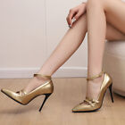Women Pumps Pointy Toe Stiletto Heels Ankle Strap Patent Leather Shoes