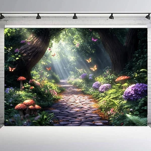 10x8ft Floral Butterfly Red Mushroom Fairy Forest Photo Background Studio Props - Picture 1 of 10
