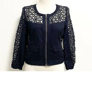ELEVENSES by Anthro Women Jacket Size 4 Blue Crochet Floral Zip Short WhimsyGoth - Picture 1 of 7