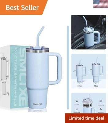 Vaso de viaje aislado de acero inoxidable de 30 oz con mango y pajita - azul cielo Foto 1 de 4