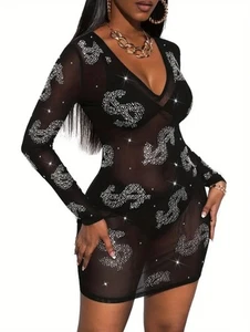 Bodycon-Damenkleid Strass Dollar-Design Netz, schwarz NEU KOSTENLOSER VERSAND  - Bild 1 von 4