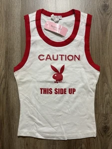 Camiseta sin mangas vintage Y2K Playboy Bunny precaución este lado talla M - Imagen 1 de 8