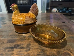 VTG Rooster Chicken Hen Farm Majolica Tureen Pate Dish With Glass Base Portugal - Picture 1 of 22
