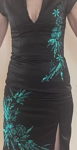 Beautiful Black Satin Dress with green sequin detail - Picture 1 of 3