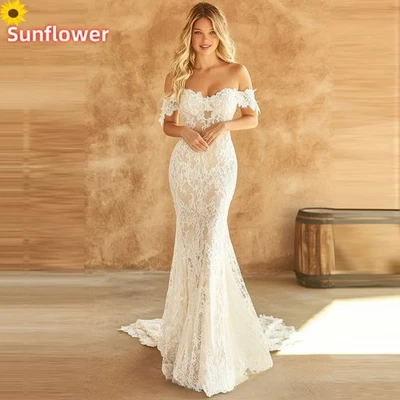 Boho Mermaid Wedding Dresses Off Shoulder Cap Sleeves Sweep Train Bridal Gowns - Image 1 of 4