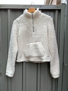 HOLLISTER Size XS Womens White Teddy Fleece 1/4 Zip Jumper Pullover - Picture 1 of 13