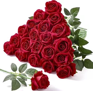 20pcs Artificial Red Roses, 4'' Big Velvet Flower Head Fake Roses, Realistic ... - Picture 1 of 2
