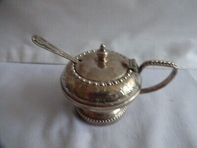 Vintage Silver Plated Mustard/salt Pot With Blue Glass Liner & Spoon • 18£