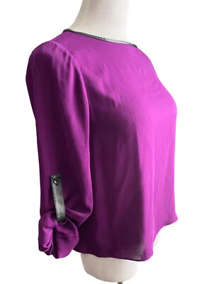 Alice Olivia Chiffon Leather Long Sleeve Blouse Women S Purple Black Top Career - Image 1 of 4