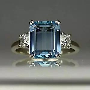 4.5 CT Aqua Blue Emerald Cut Lab Created Diamond Wedding Ring 14k White Gold FN - Picture 1 of 12