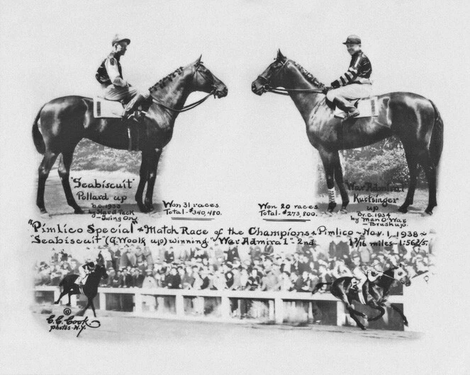 Foto brillante de 8x10 Seabiscuit vs War Almiral 1938 impresión de caballos de carreras de campeones Foto 1 de 1