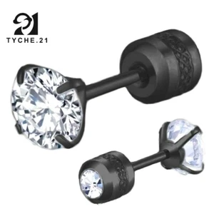 Black CZ Crystal Stud Earrings for Men Women Stainless Steel Screw Back Earrings - Picture 1 of 4