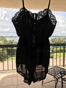 Vintage Babydoll Komar Black Silky Sheer Nylon Lace Nightie Size Petite USA - Picture 1 of 6