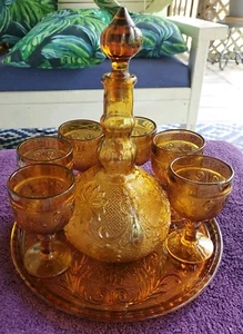 Vintage Amber Indiana Glass Tiara Wine Decanter  Set, 6 Goblets, Tray EUC - Picture 1 of 6