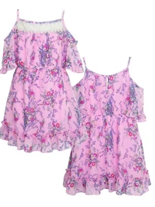 Pink & Violet Cold Shoulder short sleeve Pink Floral Dress Ruffle Hem Lace neck - Picture 1 of 4