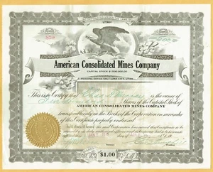 1919 AMERICAN CONSOLDIATED MINES COMPANY, UTAH STOCK CERTIFICATE - Picture 1 of 1