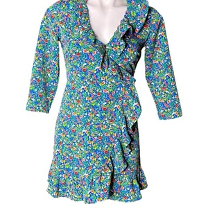 Top Shop Wrap Blouse Blue Green Floral Top Ruffles Ties V Neck Size 2 - Picture 1 of 12