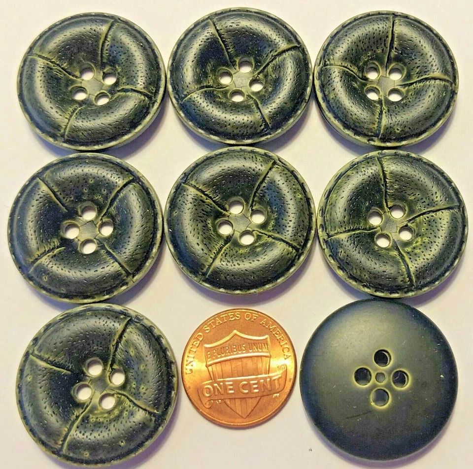 8 Concave Very Dark Muted Green Leather Look ALL PLASTIC Buttons 1" 26mm 10279 - Image 1 of 1