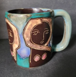Artisan Woman Face Mug Tasse signiert Mara Mexico schwer mehrfarbig Steinzeug 16 Unzen - Bild 1 von 10