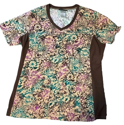 Cherokee Scrub Top Women Sz S Floral Print Pockets Brown Stretch Sides - Image 1 of 4