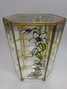 Vintage 10" Brass Glass Floral Table Top Display Curio Cabinet Shelf Case Mirror - Picture 1 of 12