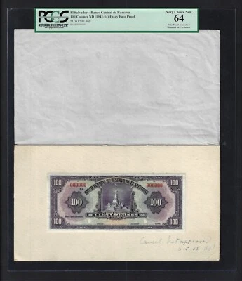 El Salvador 100 Colones ND(1942-54) P86p "Essay Face Proof" UNC Grade 64 - Image 1 of 2