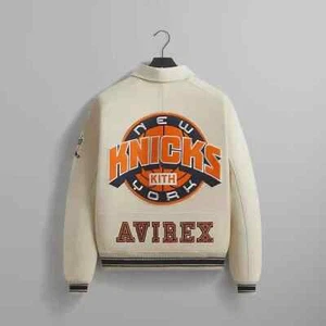 Herren Avirex X Kith Knicks Echtleder Bomber College Jacke New York Creme Mantel - Bild 1 von 6