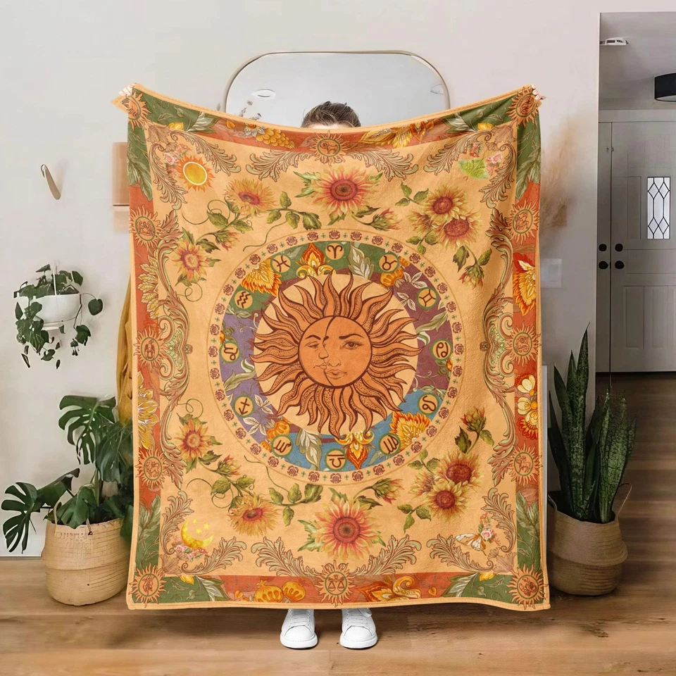 Orange Sun and Moon Fleece Throw Blanket, 70s Vintage Boho Sunflowers Constel... - Image 1 of 4